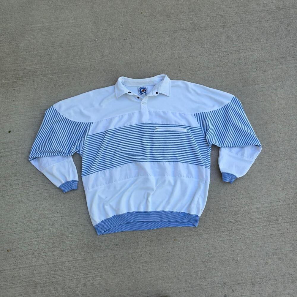 Vintage 80s Color Block Striped Pullover Shirt White Blue Ski Collared Size 2XB